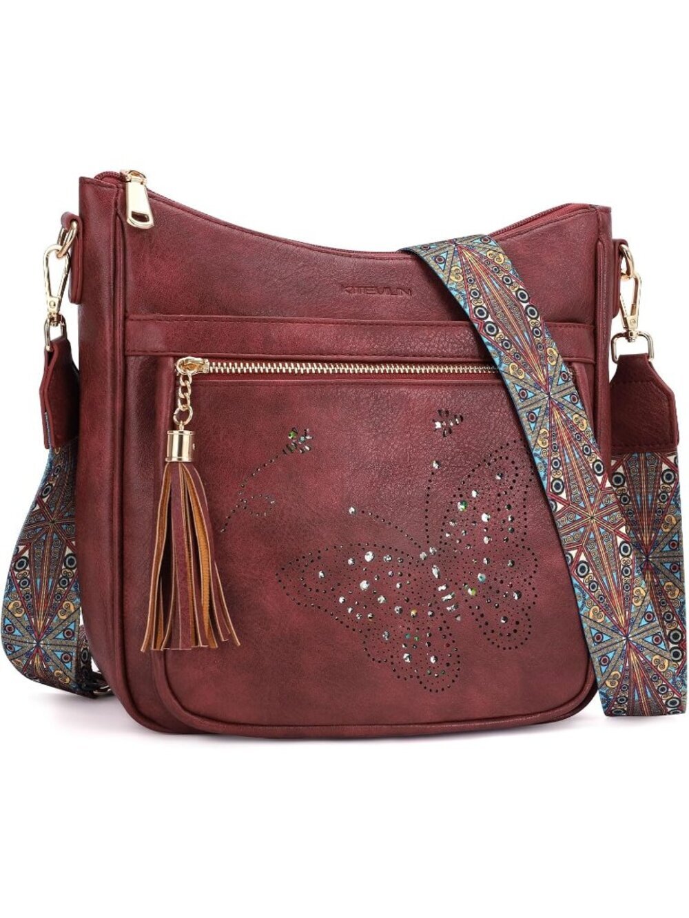 Women's Red Leather Stylish Butterfly Shoulder Crossbody Handbags with Tassel